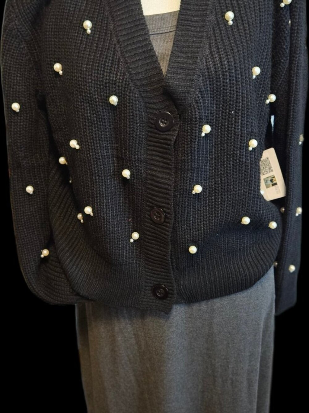 Size S FORE Black Pearl Embellished Button Front Cardigan Oversized NWT